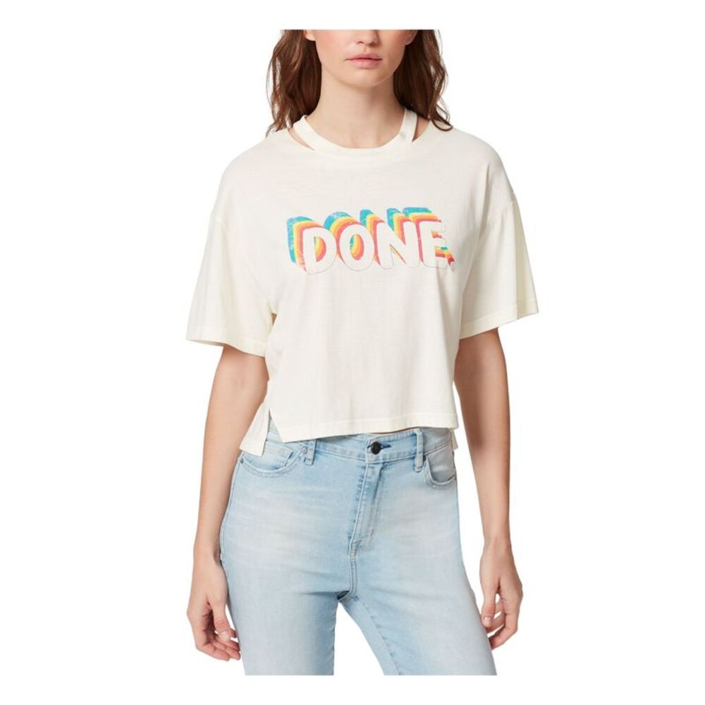 FRAYED Womens White Cut Out Front Hem Vents Short Sleeve Crew Neck T-Shirt S